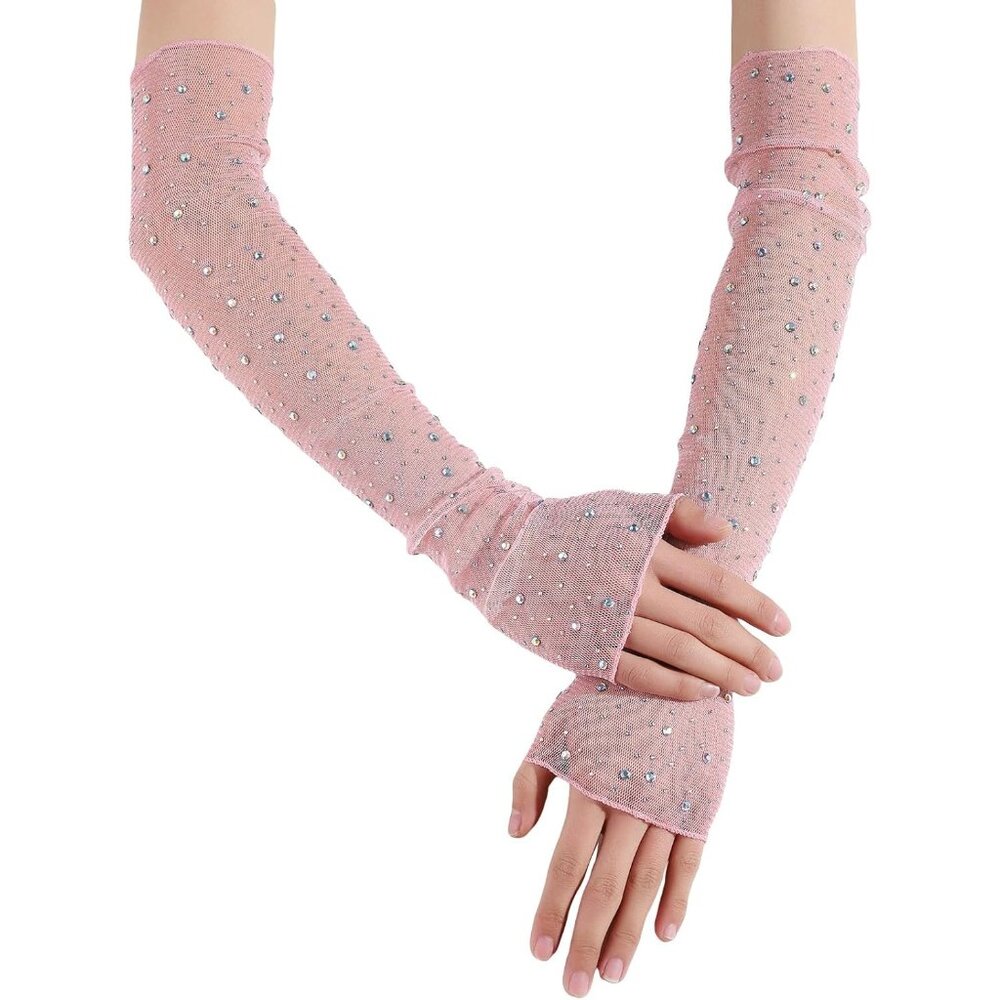 Women's Rhinestone Pink Sheer Tulle Lace Fingerless Elbow Length Sleeves Gloves